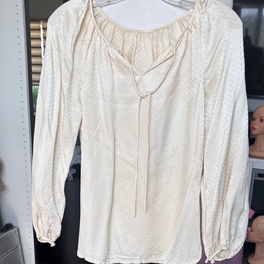 Vintage silk Cream Long-Sleeve Peasant Blouse with Tie Neck